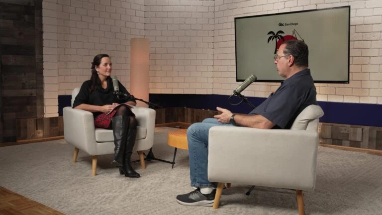 Interview scene with two people in a studio setting for ABCSD podcast episode that focuses on the impact of fentanyl in construction.