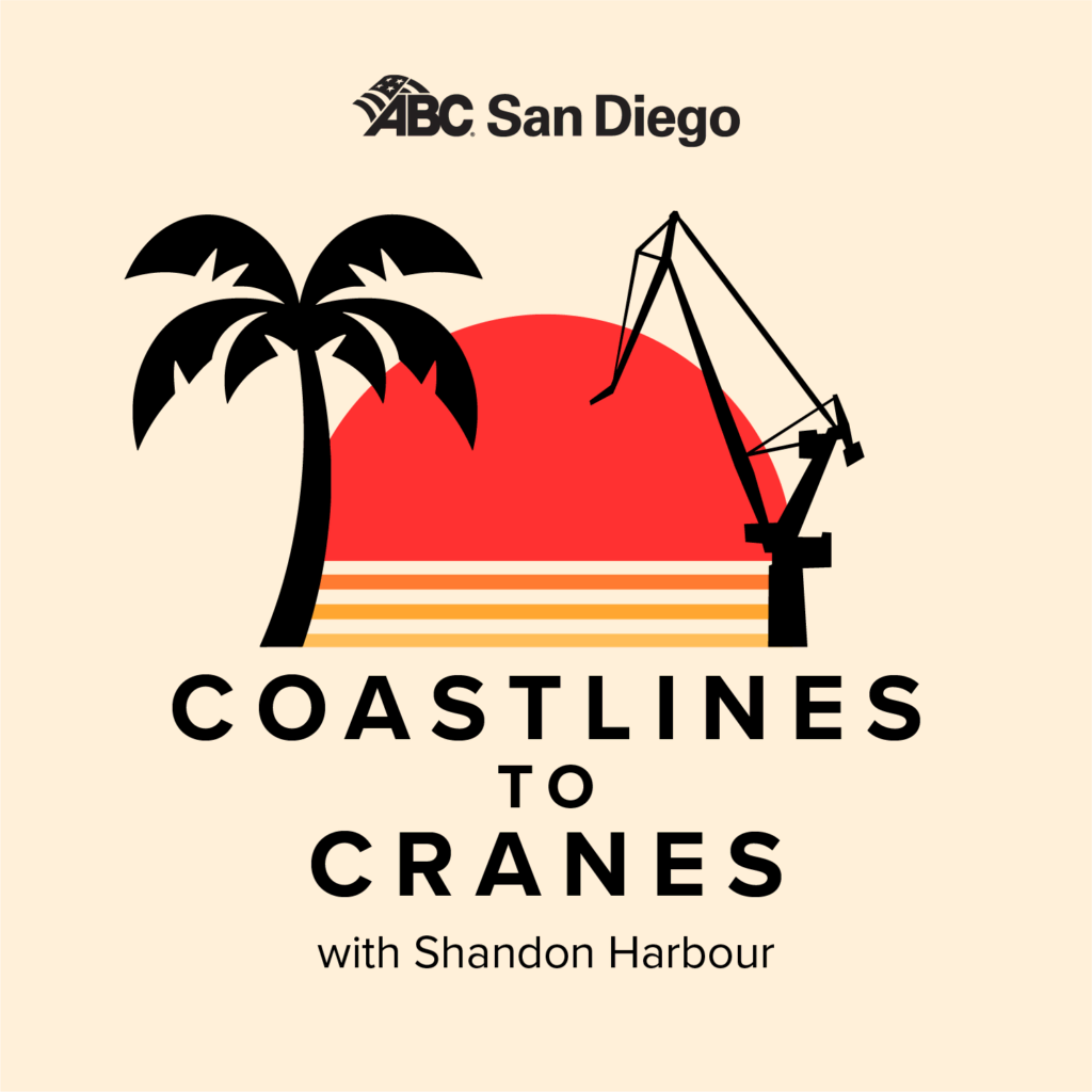 Coastlines to Cranes event poster with palm tree and crane illustration.