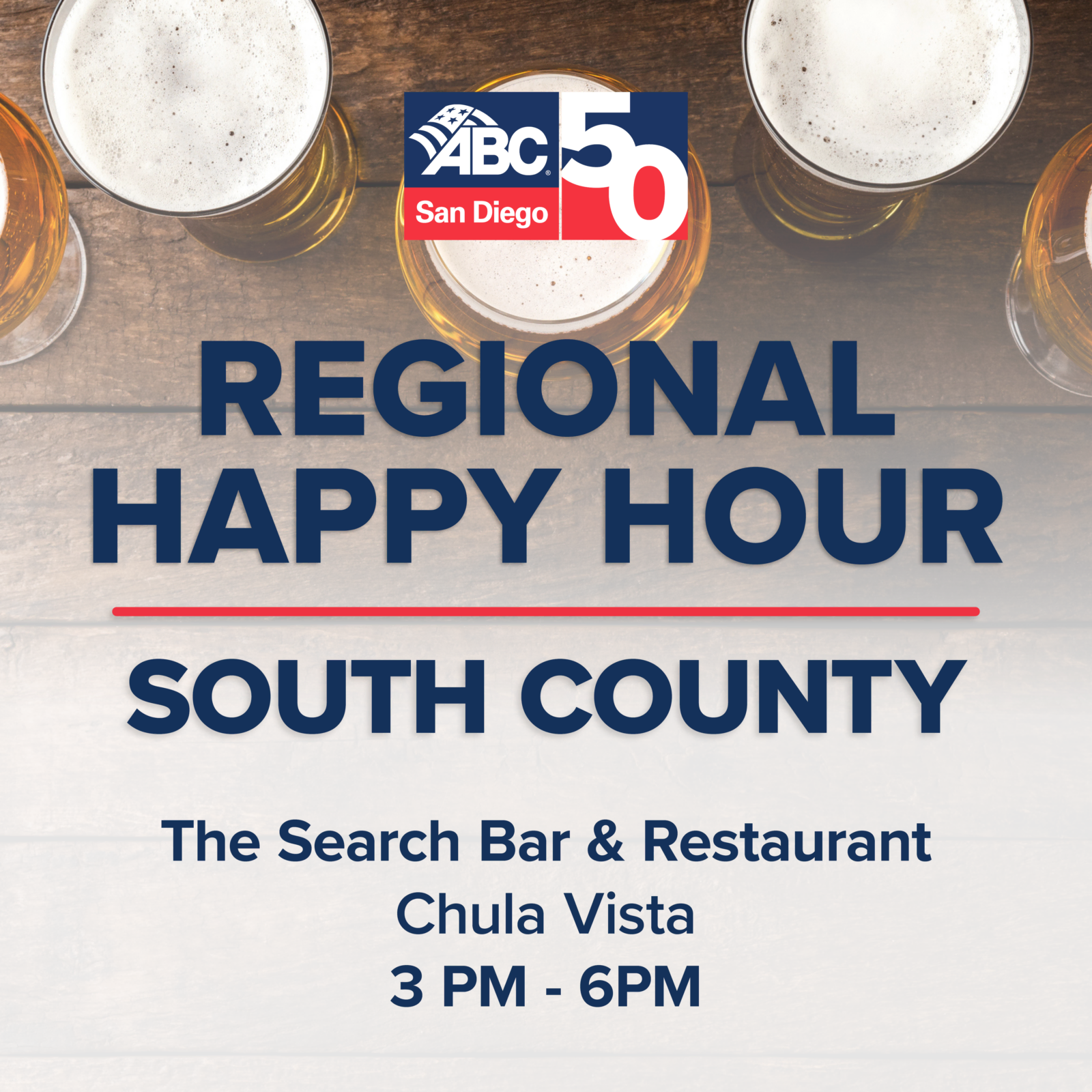 Event poster for Regional Happy Hour South County at The Search Bar & Restaurant in Chula Vista.