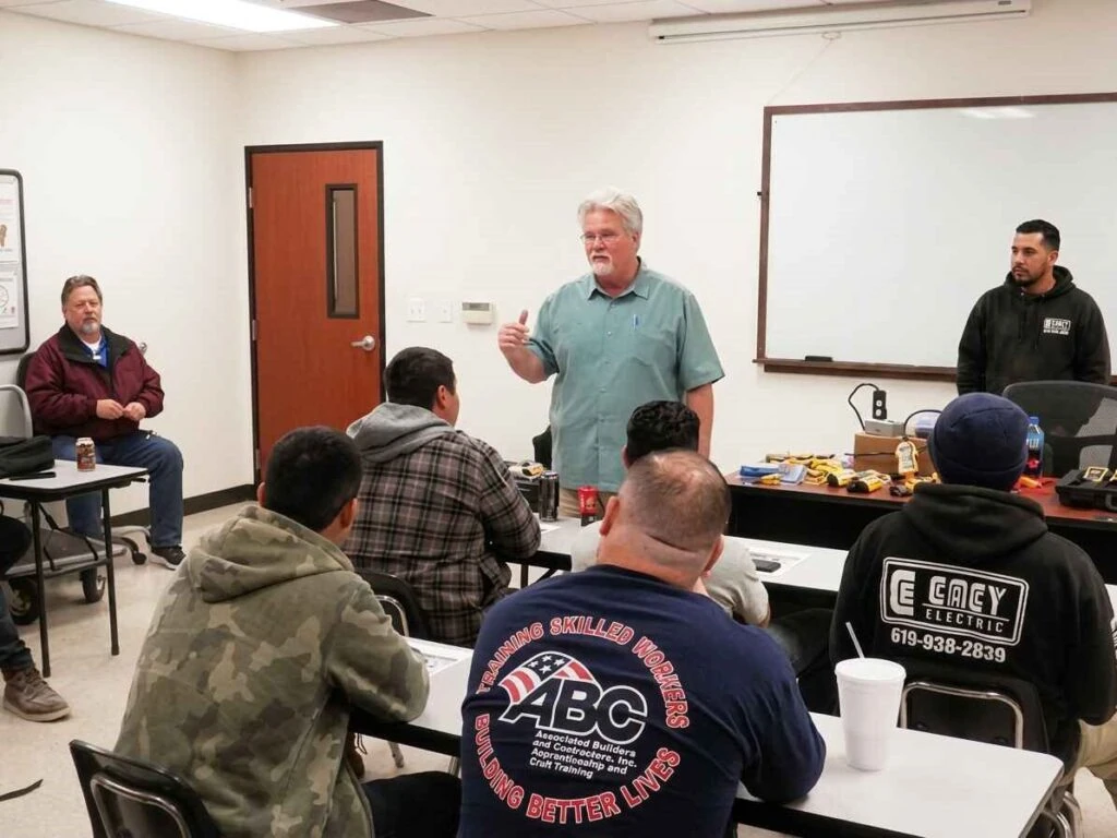 Man leading a training class in a room of seated attendees