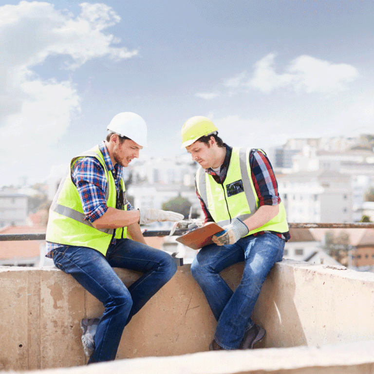 Two workers reviewing plans on a rooftop overlooking a city