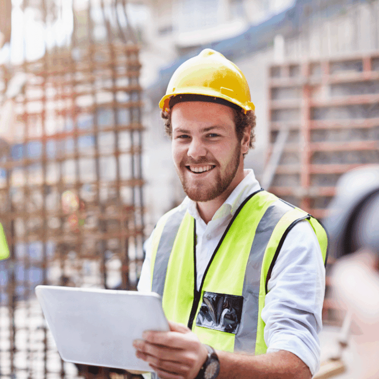 Smiling worker in hard hat and safety vest holding a tablet