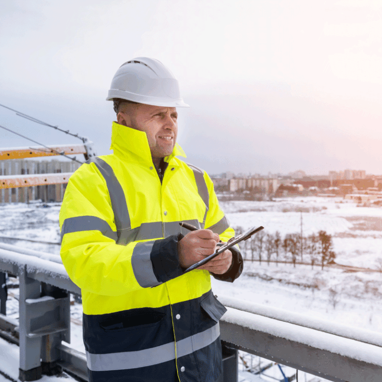 Worker in hard hat and safety jacket writing on a clipboard in winter