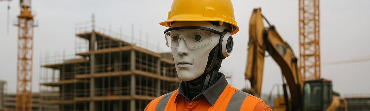 Humanoid robot in a hard hat and safety vest at a construction site