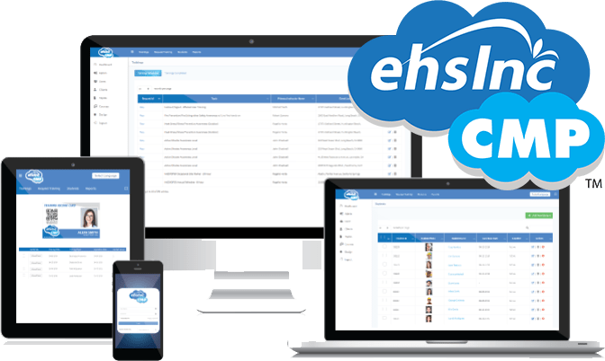 ehsInc CMP training software shown across desktop, laptop, tablet and phone
