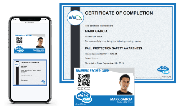 ehsInc CMP certificate of completion and training record card