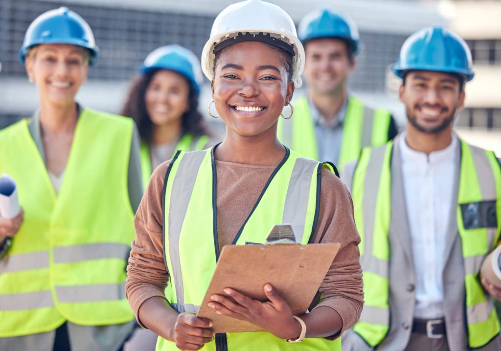 Smiling construction worker in hard hat and safety vest holding a clipboard with team behind