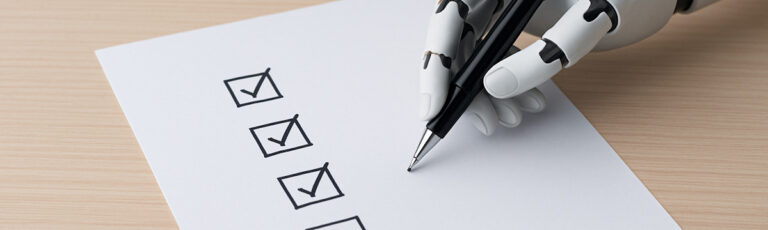 Robotic hand holding a pen checking boxes on a document
