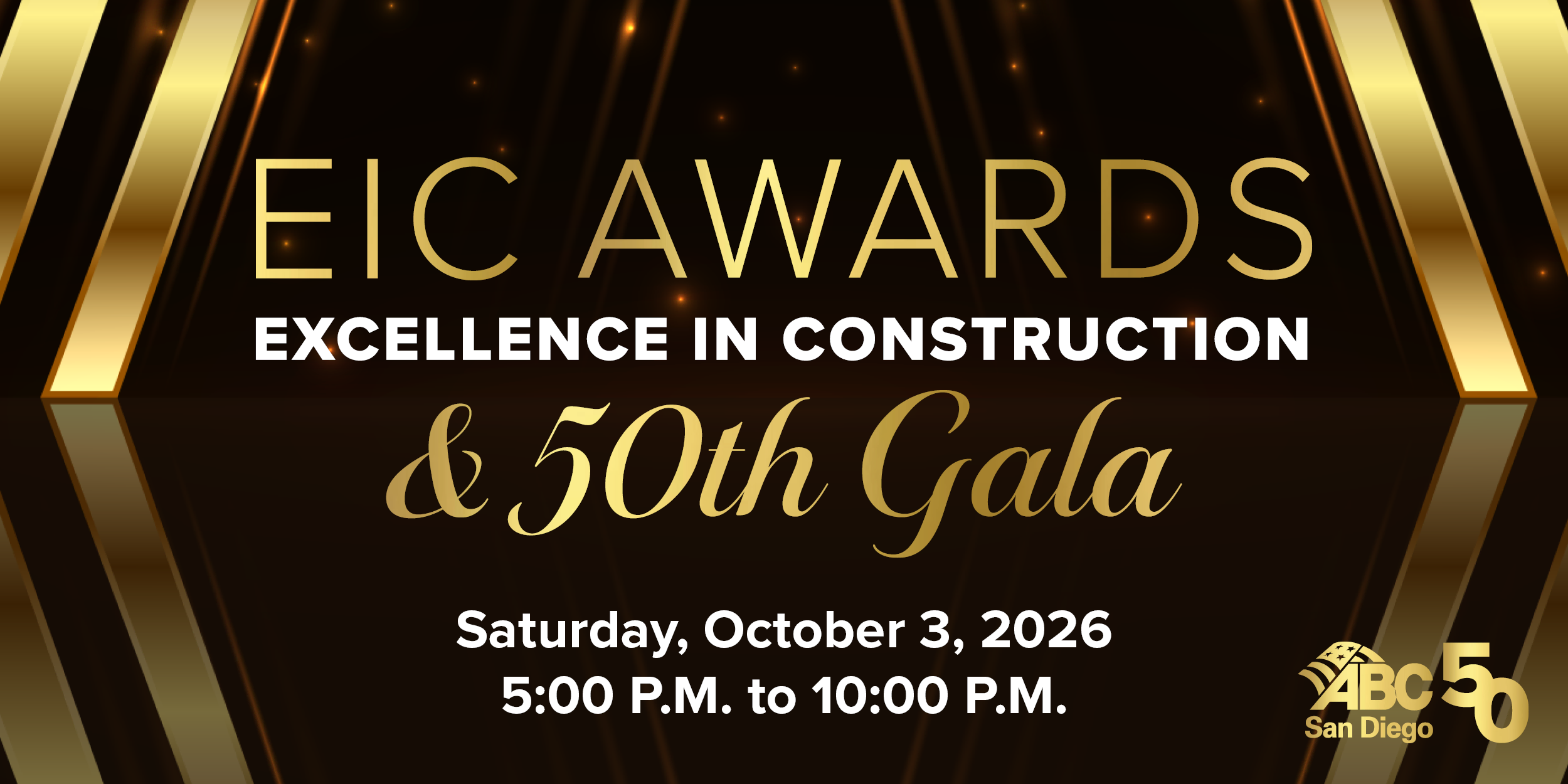 Event banner for Excellence in Construction Awards and 50th Gala, October 3, 2026.