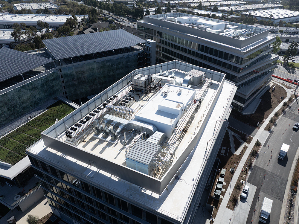 Aerial view of rooftop mechanical equipment atop an office building