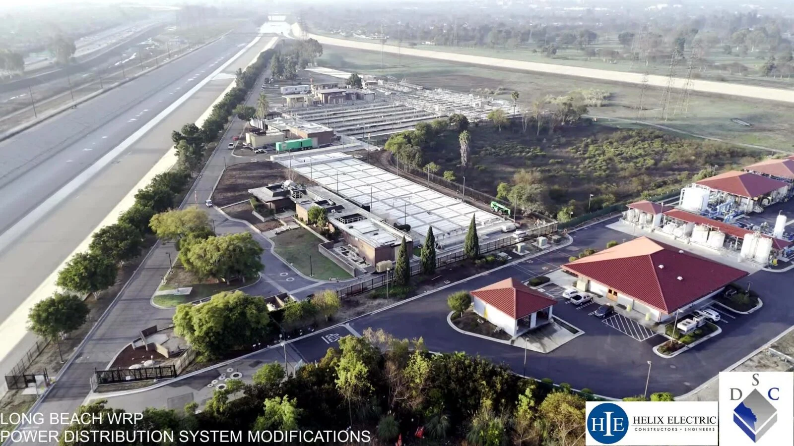 Aerial view of Long Beach Water Reclamation Plant with Helix Electric project signage