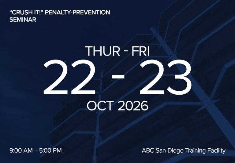 Event poster for 'Crush It!' penalty prevention seminar on October 22-23, 2026.