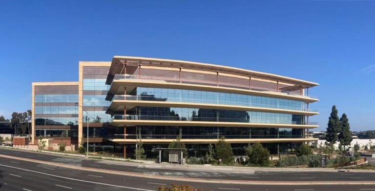 Modern glass and wood office building exterior