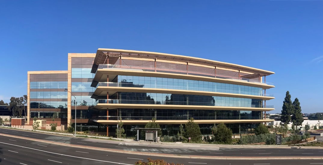 Modern glass and wood office building exterior