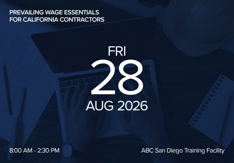 Event poster for Prevailing Wage Essentials seminar on August 28, 2026 in San Diego.