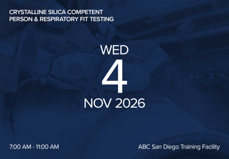 Event poster for silica testing on November 4, 2026 at ABC San Diego Training Facility.