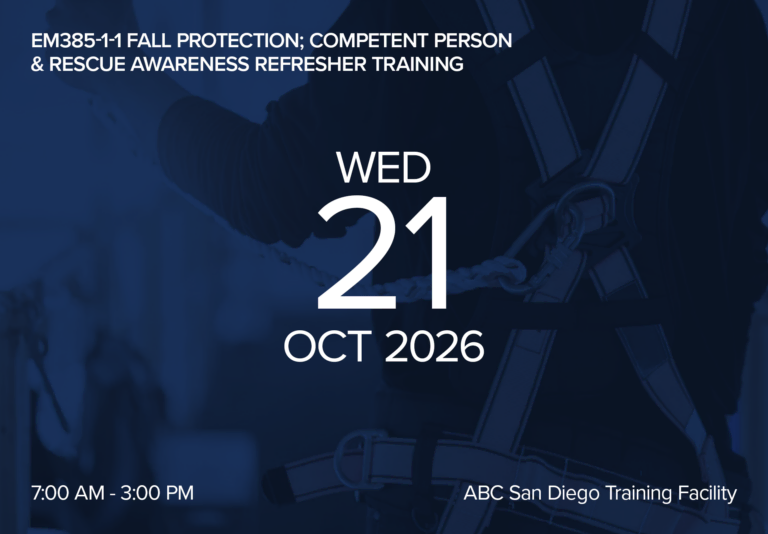 Event poster for fall protection training on October 21, 2026 at ABC San Diego Training Facility.