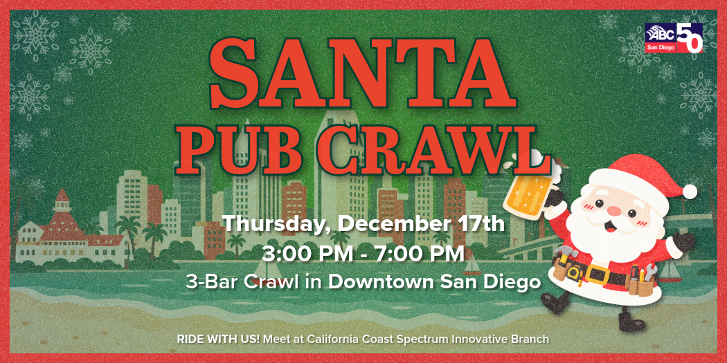 Festive Santa Pub Crawl poster with cityscape and holiday theme in San Diego.