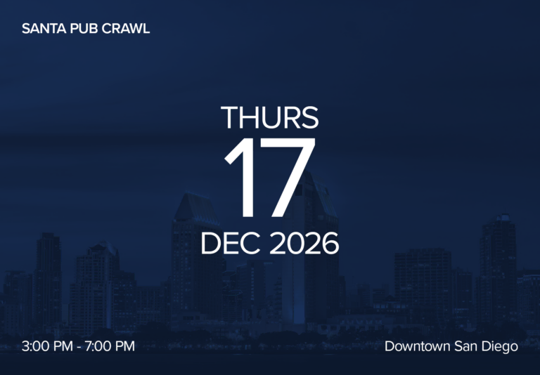 Event poster for Santa Pub Crawl in San Diego on December 17, 2026.