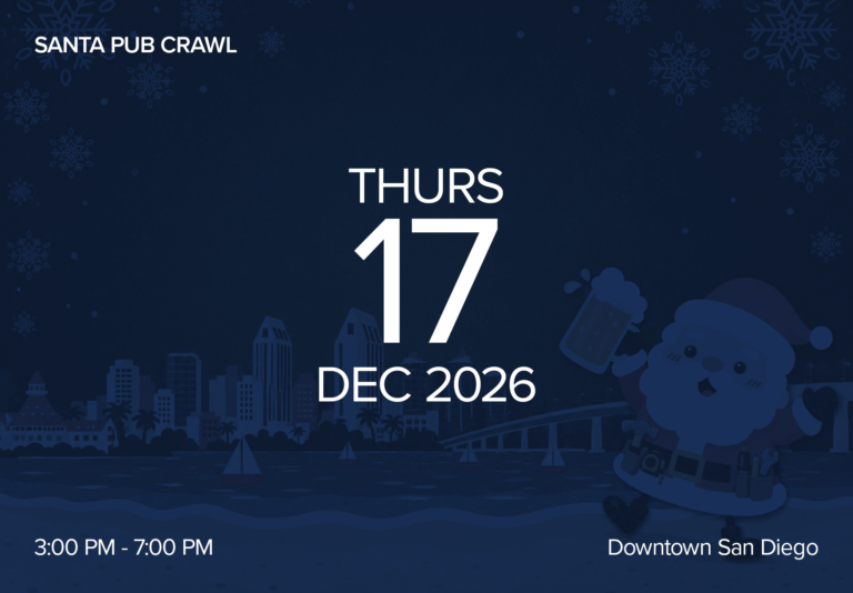 Event poster for Santa Pub Crawl on December 17, 2026 in Downtown San Diego with Santa Claus graphic.