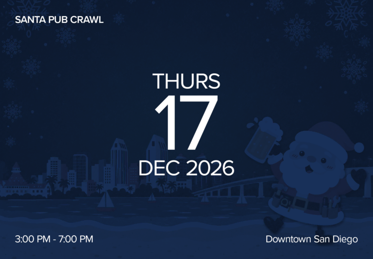 Event poster for Santa Pub Crawl on December 17, 2026 in Downtown San Diego with Santa Claus graphic.